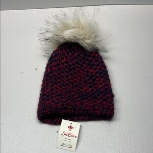 Stilestro Beanie Woman One Size Maroon Knit Winter Hat Fur Pom Pom Made in Italy